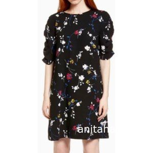 Halogen Ruched Sleeve Crepe Floral Dress Size M